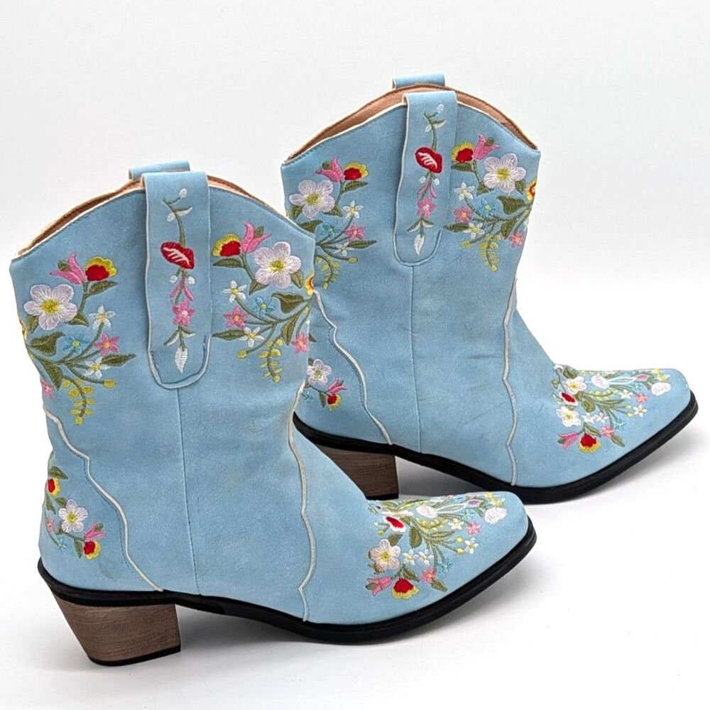 Women’s Blue Floral Embroidered Cowboy Cowgirl Boots Pointed Toe Western Boho - Picture 5 of 16